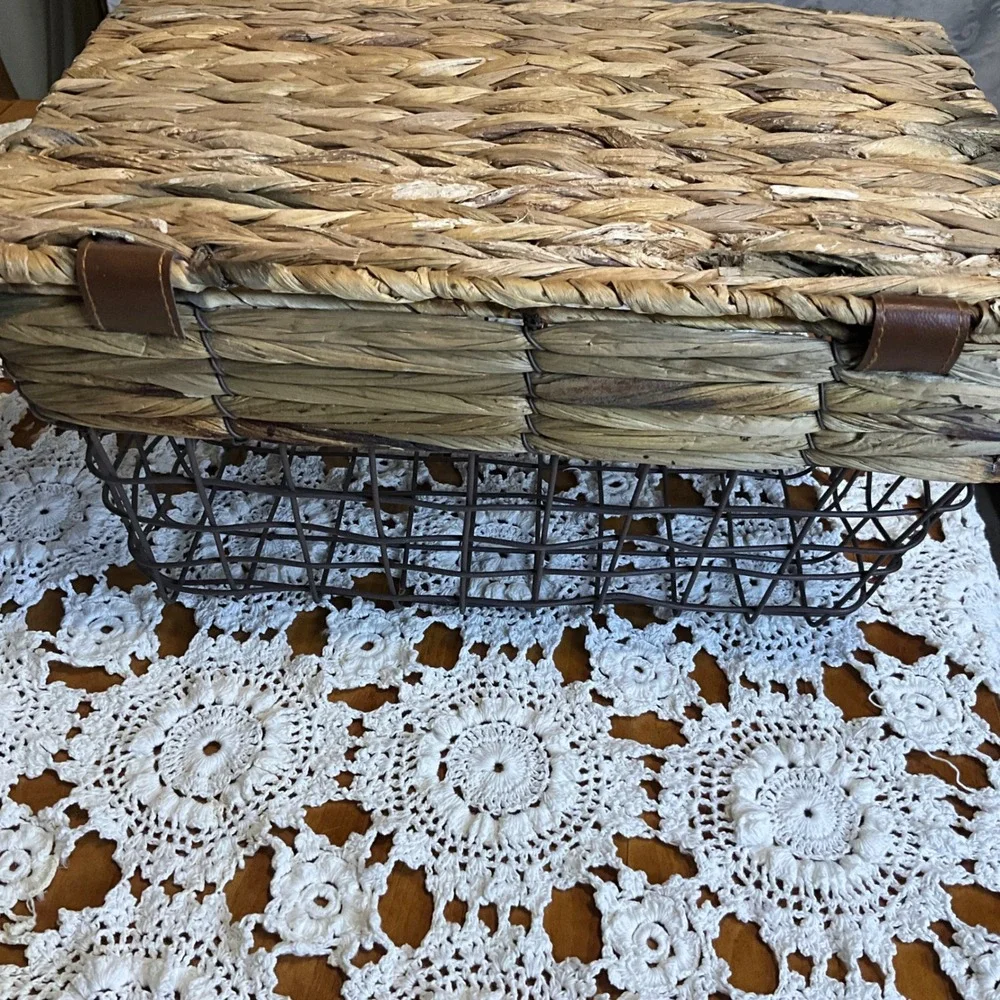 Vintage Woven Gathering Basket Wire‎ Frame Leather Hinged Lid Farmhouse Cottage